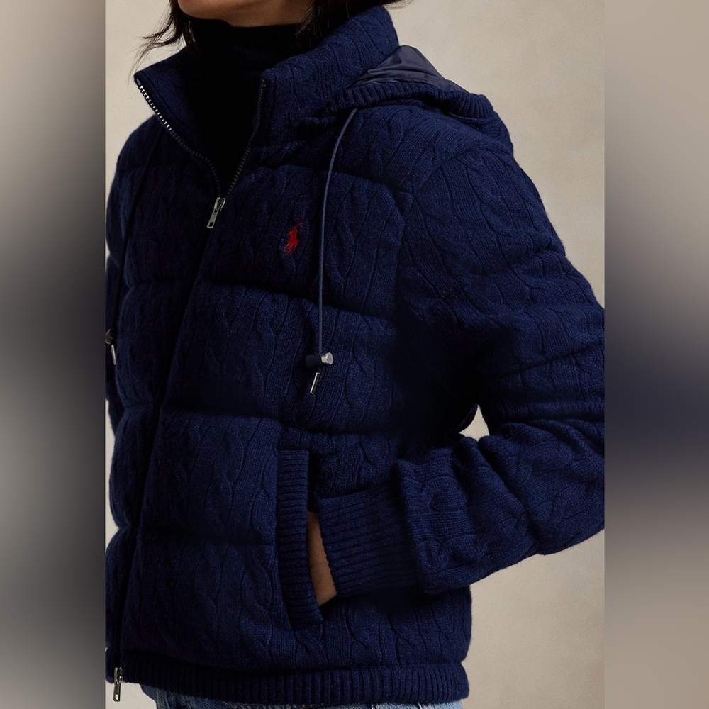 Polo Ralph Lauren Cable Knit Navy Puffer Jacket - Picture 3 of 8